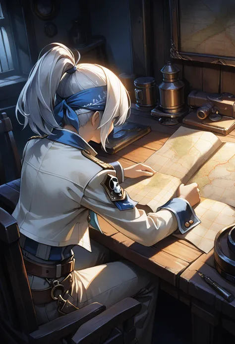 (Quasarcake:0.7) wallpaper 4k 8k high-resolution solo upper-body Woman Pirate bandana White-hair ponytail blue-eyes jacket pants belt  sitting-at-table looking-at-map
absurdres highly-detailed best-quality masterpiece amazing-shading cinematic-lighting detailed-illustration