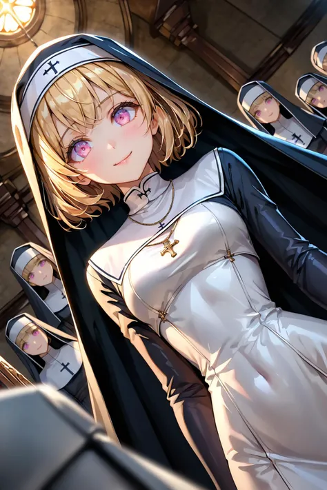Nun Characters, dutch angle, 1girl, dynamic angle, smile, closed mouth, tareme, Pink eye, Black and white clothing, crosses, devout believers, blonde hair, shiny, Depth of field, hdr, 8k, cinematic angle, cinematic lighting, [(vivid color background:0.9)::0.4], (Gradient Background:0.9), (illustration, incredibly absurdres:0.95), ultra detailed, masterpiece, best quality, [<lora:detailed_notrigger:1.15>::0.5], [:<lora:detailed_hands:1>:0.5],