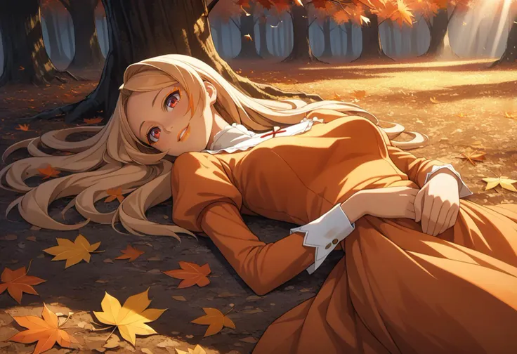 2d anime wallpaper 4k 8k high-resolution 1girl laying-down Maple modest-clothing dress red-eyes orange-eyeliner orange-lips smile Maple-tree falling-leaves
absurdres highly-detailed best-quality masterpiece amazing-shading cinematic-lighting detailed-illustration