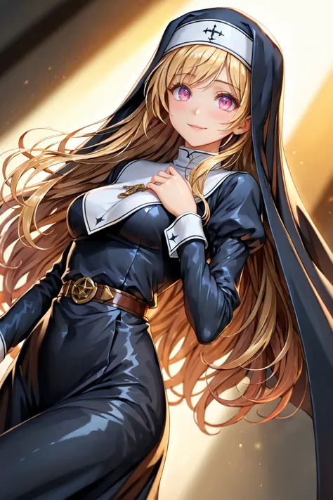 Nun Characters, 1girl, smile, closed mouth, tareme, Pink eye, Black and white clothing, blonde hair, shiny hair, Depth of field, hdr, 8k, cinematic angle, cinematic lighting, [(vivid color background:0.9)::0.4], (Gradient Background:0.9), (illustration, incredibly absurdres:0.95), ultra detailed, masterpiece, best quality, [<lora:detailed_notrigger:1.15>::0.5], [:<lora:detailed_hands:1>:0.5],