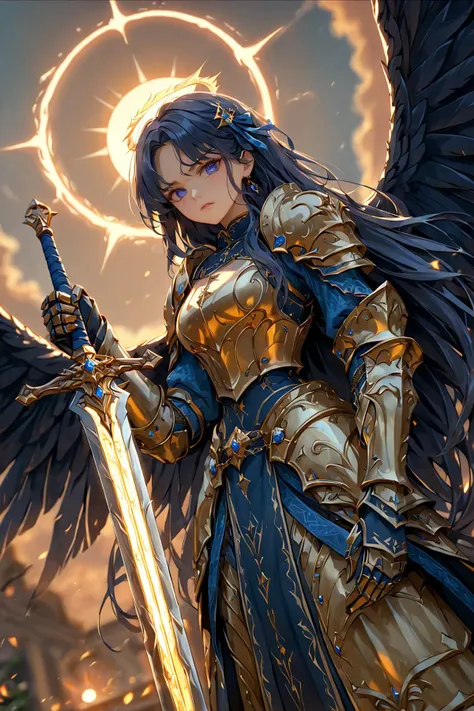 hkstyle, Valkyrie, dutch angle, 1girl, hair ornament, Blue ribbon, jewelry, Golden Armor, treasured sword, hold a sword, (Depth of field hdr 8k 4k wallpaper cinematic angle, cinematic lighting:1.2), chiaroscuro, [(brown background:1.2)::0.2], (Sun Halo Background:1.2), (illustration, incredibly absurdres:1.05), ultra detailed, (masterpiece, best quality:1.4), [<lora:detailed_notrigger:1.15>::0.5], [:<lora:detailed_hands:1>:0.5], <lora:XLFantasyKnightsV4:1>