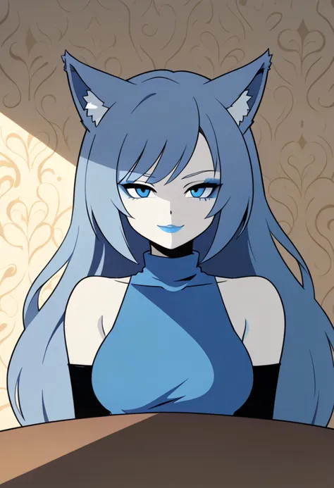 <lora:Minimalist_Anime_XL:1>minimal1st, vector art, flat color, wallpaper 4k 8k high-resolution portrait 1girl (turtleneck/blue-dress) wolf-ears wolf-tail long-skirt smile elbow-gloves pale-skin blue-makeup blue-lips blue-lipstick medium-breasts sitting-at-table
absurdres best-quality masterpiece amazing-shading cinematic-lighting