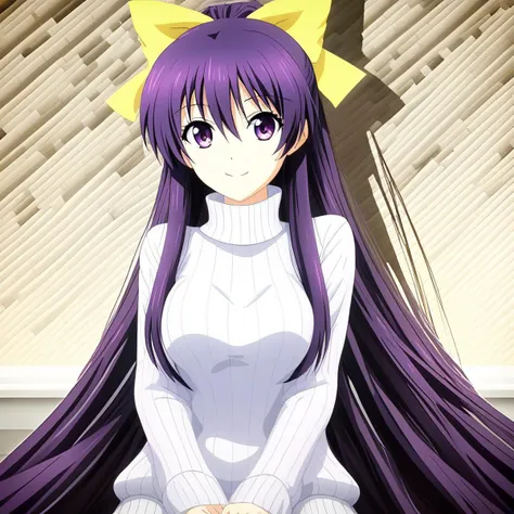 (extremely detailed CG unity 4k wallpaper),(masterpiece),(best quality),(ultra-detailed),(best illustration),(best shadow),(absurdres),(detailed background) Tohka Yatogami, 1girl, solo, bow, long hair, hair bow, smile, purple hair, yellow bow, purple eyes, ponytail, breasts, hair between eyes, sweater, very long hair, turtleneck, upper body, hair ornament, sitting, looking at viewer, white sweater, medium breasts, indoors, bangs, anime coloring