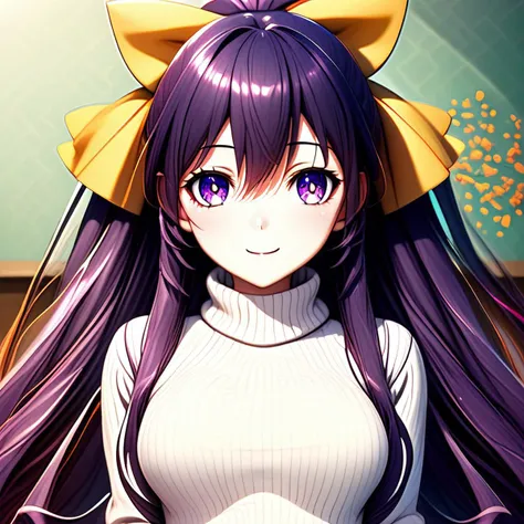 (extremely detailed CG unity 4k wallpaper),(masterpiece),(best quality),(ultra-detailed),(best illustration),(best shadow),(absurdres),(detailed background) Tohka Yatogami, 1girl, solo, bow, long hair, hair bow, smile, purple hair, yellow bow, purple eyes, ponytail, breasts, hair between eyes, sweater, very long hair, turtleneck, upper body, hair ornament, sitting, looking at viewer, white sweater, medium breasts, indoors, bangs, anime coloring