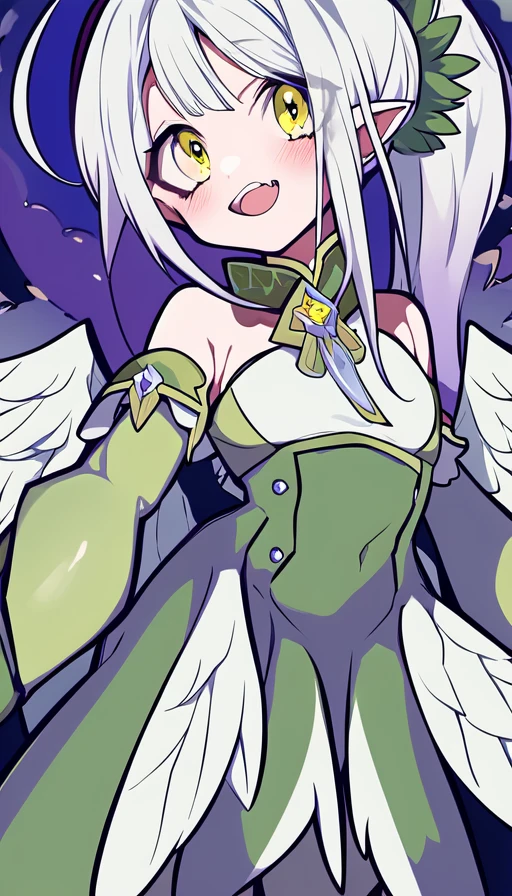perspective,smug, 1girl, animal hands,bare shoulders, bird tail, blush, claws, detached sleeves, feathered green wings, gloves, hand up, harpy, looking at viewer, monster girl, open mouth, pointy ears, ponytail, sidelocks, tail green feathers, feathery, white hair, winged arms, yellow eyes, clawed , mountaintop, sky, by sy4
