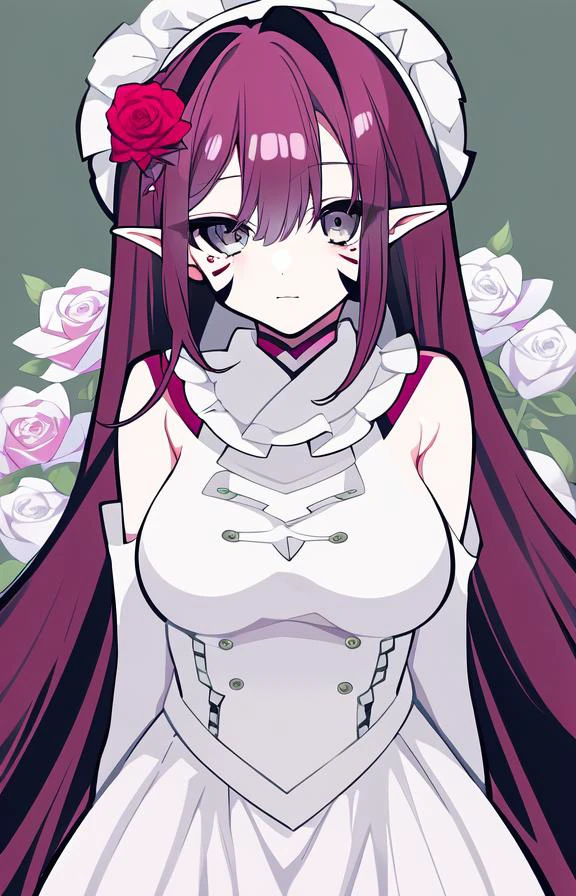 1girl, bangs, bare shoulders, by mochizuki kei, detached sleeves, facial mark, flower, grey eyes, hairband, large breasts, large hat, long hair, looking at viewer, pink hair, pointy ears, revealing clothes, rose, sidelocks, solo, white dress, white footwear, white headwear