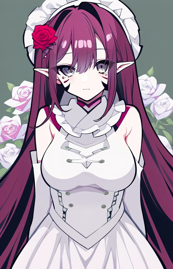 1girl, bangs, bare shoulders, by mochizuki kei, detached sleeves, facial mark, flower, grey eyes, hairband, large breasts, large hat, long hair, looking at viewer, pink hair, pointy ears, revealing clothes, rose, sidelocks, solo, white dress, white footwear, white headwear