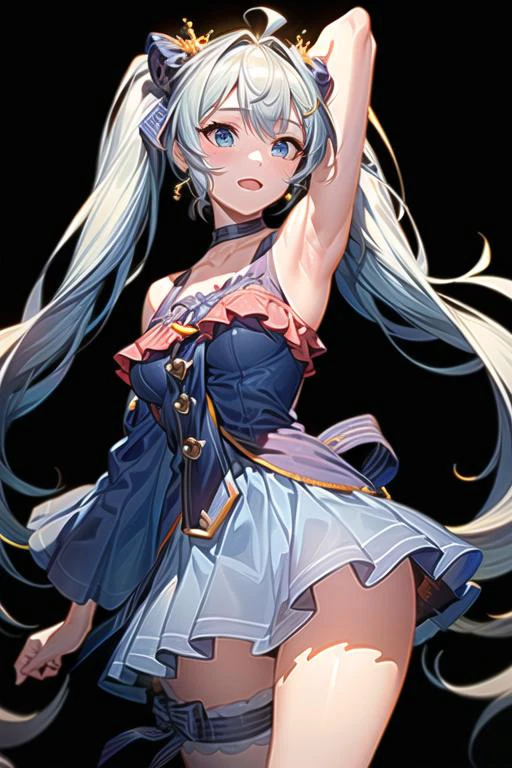 solo, 1girl, detailed face, high res, best quality, ultra-detailed, 8k, official art,extremely detailed CG, <lora:add_detail:0.65>, beautiful face, ray tracing,
<lora:snowmiku2017:0.8>(thigh strap:0.8) , 3/4_shot, cowboy_shot, armpit, masterpiece, perfect anatomy, (perfect hand:0.6)