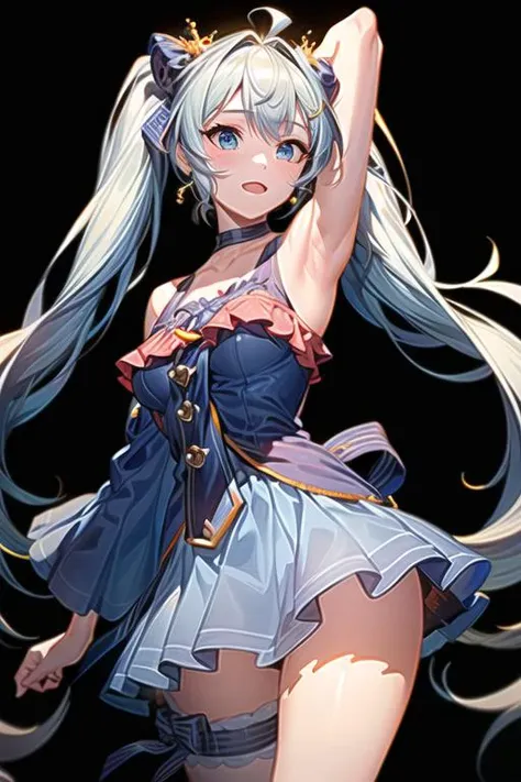 solo, 1girl, detailed face, high res, best quality, ultra-detailed, 8k, official art,extremely detailed CG,  <lora:add_detail:0.65>, beautiful face, ray tracing, 
 <lora:snowmiku2017:0.8>(thigh strap:0.8) , 3/4_shot, cowboy_shot, armpit, masterpiece, perfect anatomy, (perfect hand:0.6)