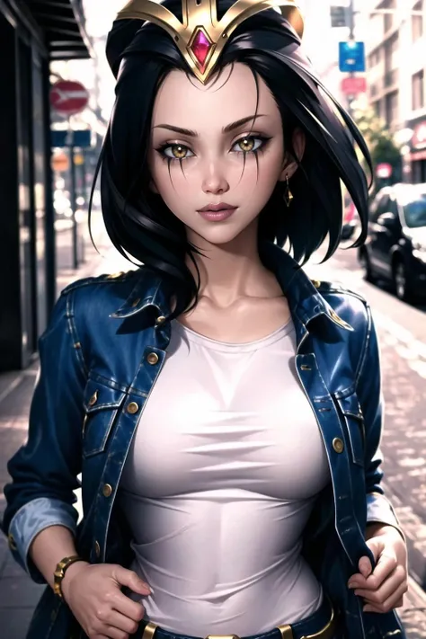 Highly detailed, High Quality, Masterpiece, beautiful, 1girl, <lora:LeblancDefault-000009:1>, reigLeblancYS, jeans, shirt, jacket, forehead jewel