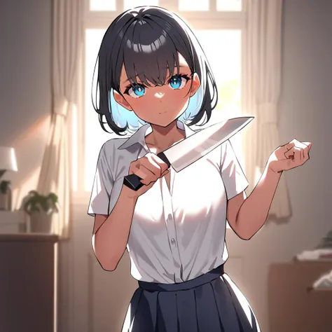 anime girl holding a knife in front of her face