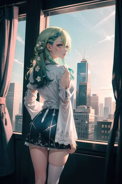 Highly detailed, High Quality, Masterpiece, beautiful, 1girl, solo, FaunaBase, long hair, braided bangs, hair flower, blue dress, wide sleeves, single thighhigh, bridal gauntlets, <lora:Char_VTuber_CeresFauna:1>, cozy room, view of city, (cyberpunk:1.2), neon lights, book shelf, windows, sunset, (skyscrapers:1.2), skyline, mega city, loft, modern, hands behind back