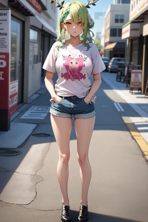 masterpiece, best quality, absurdres, perfect anatomy, 1girl, solo,Ceres Fauna, antlers, long hair, hair flower, braided bangs, graphic tee, denim shorts, standing, outdoors, city, hands in pockets