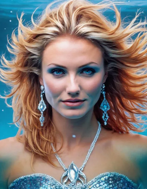 (ohwx woman) <lora:camerondiaz_lora_sdxl_v2:1> portrait, fantasy, mermaid, hyperrealistic, game character, underwater, highly detailed, sharp focus, cinematic lighting, pearls, glowing hair, shells, gills, crown, water, highlights, starfish, jewelry, realistic, digital art, pastel, magic, fiction, ocean, king, colorful hair, sparkly eyes, fish, heroic, goddess, waves, bubbles, queen