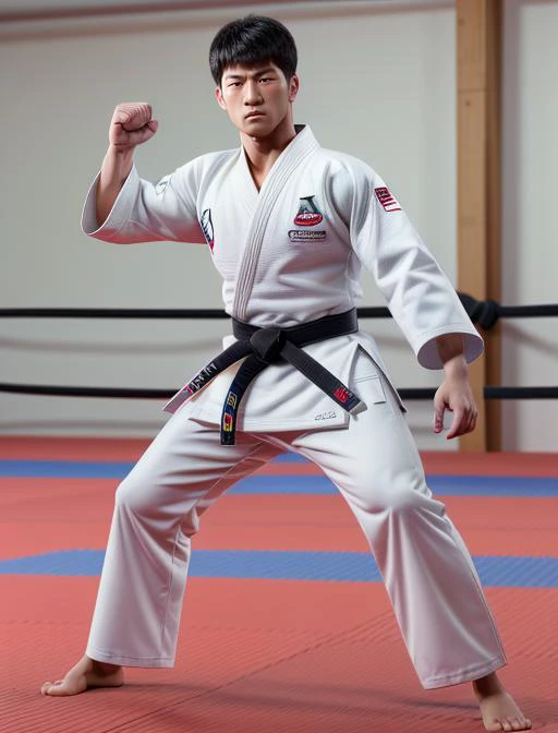 best quality, masterpiece, highres, detailed, realistic, .35mm, <lora:Detail - add_detail:0.2>, JudoCh, dougi, black belt, white pants, dojo, <lyco:Change - JudoCh:0.8>, 1 boy in his 20's in a fighting stance, upper body,