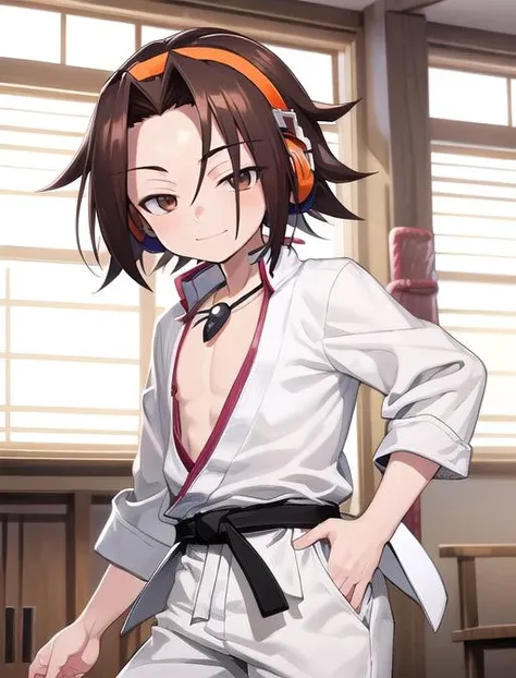best quality, masterpiece, highres, detailed, digital artwork, <lora:Detail - add_detail:0.2>, JudoCh, dougi, black belt, white pants, dojo, <lyco:Change - JudoCh:0.8>, AsakuraYoh, orange headphones, neclace, forehead, parted bangs, brown hair, smug, 1boy, <lora:Character - AsakuraYoh:0.8>