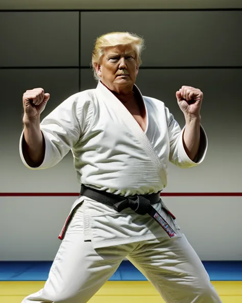 <lora:D.Trump_v1:1>, Donald Trump, realistic, old_man, <lora:JudoCh:1>, judoch, solo, white pants, black belt, indoors, fighting stance, dojo, dougi, <lora:hyperdetailer_v095:1>, (Photo:1.2), (photography:1.0), (Photorealistic:1.1), (Realistic:1.0), (Camera:1.0), (Perfect Face:1.2), (Detailed Pupils:1.3), Full Face, Full Body, Wide Angle, (Cinematic:1.1)