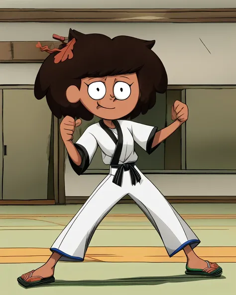 <lora:Anne_Boonchuy SD1-5 V1-0:1>, anne boonchuy, <lora:JudoCh:1>, judoch, solo, white pants, black belt, indoors, fighting stance, dojo, dougi, <lora:hyperdetailer_v095:1>, (Perfect Face:1.2), (Detailed Pupils:1.3), Full Face, Full Body, Wide Angle, (Cinematic:1.1)