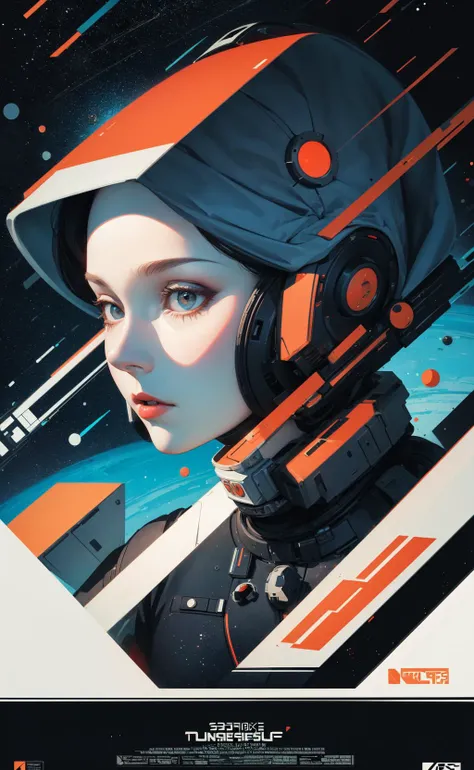masterpiece, best quality, 1girl, space thriller movie poster, Bauhaus, shapes, lines, abstract