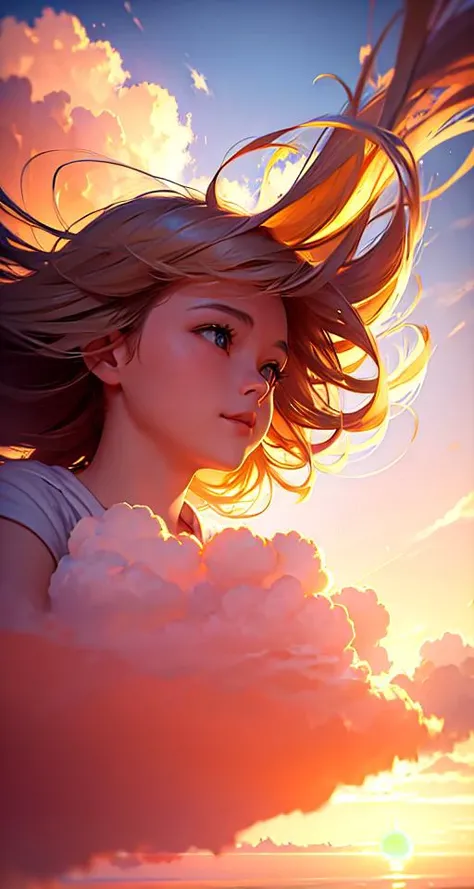 masterpiece, best quality, movie still, 1girl, cloud girl, floating in the sky, close-up, bright, happy, warm soft lighting, sunset, (sparks:0.7)