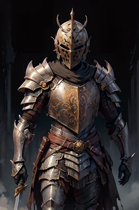 ((best quality)), ((masterpiece)), (detailed), portrait, (undead knight), emaciated masculine face, wearing suit of armor, wearing helmet, intricate engravings, (armor is covered in dents and rust), (armor is broken), muscular figure, anguished expression, injured, holding sword in the right hand, medieval theme, thick fog, ethereal, mystical, gloomy lighting, necromancy, dark magic, demonic, dark background, dark fantasy illustration, (high-resolution:1.2), <lora:fantasyV1.1:0.6>, dimly lit <lora:epiNoiseoffset_v2-pynoise:0.7>