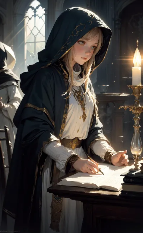 watercolor, Anders Zorn, John Singer Sargent, young sorceress studying, hood up, moody lighting, tranquil, calm, glow, glowing, mystical, magical, rim lighting, fantasy, sunbeam, soft lighting, sparkle, glittering