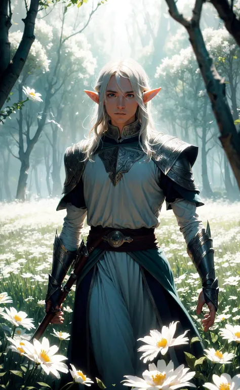 lord of the rings movie still, male elf adventurer walking through a field of white flowers, dutch angle, cinematic, volumetric lighting, sunbeam, soft lighting, mystical, magical, rim lighting, fantasy, sparkle, glittering
