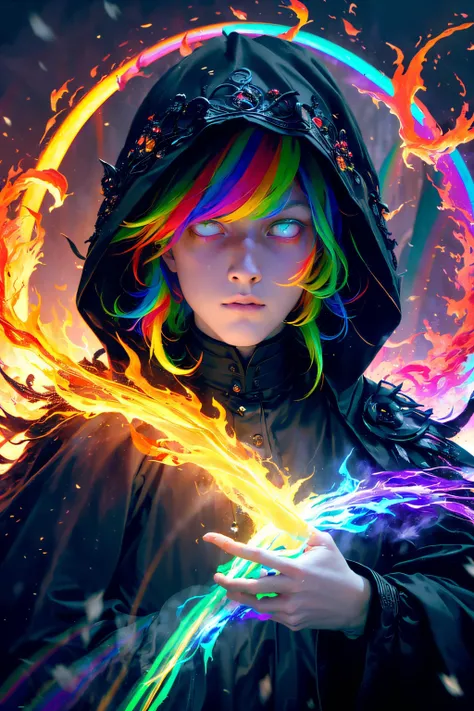 close-up portrait, perfect hands, best quality, masterpiece, young man, very short golden hair, whiteyes, medieval armor, flowing hooded fur cloak, summoning colorful fire energy, ((hands up)), angry expression, surrounded by ((rainbow colored energy, different colored flames and fire)), snow, field, (raining), windy, galaxy starry night, epic, cinematic, <lora:GoodHands-beta2:1.00>, <lora:add_detail:0.3>, <lora:whiteeyes_27-10:0.8>,