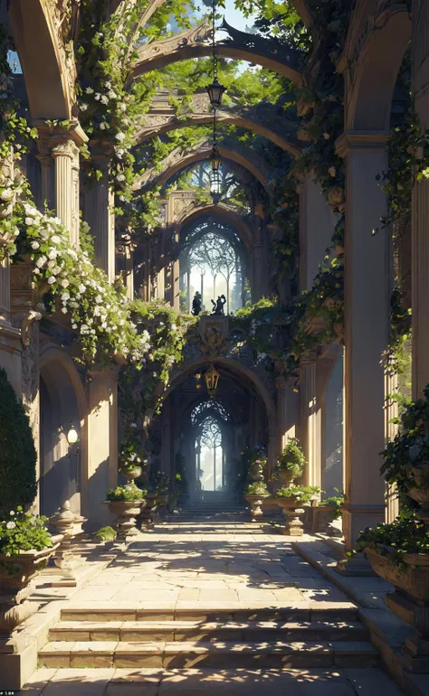 (masterpiece, best quality, highly detailed, intricate), a walkway in a garden with lots of green plants and trees on either side of it and a lantern hanging from the ceiling, Florence Engelbach, tone mapping, a flemish Baroque, german romanticism, cinematic composition, beautiful lighting