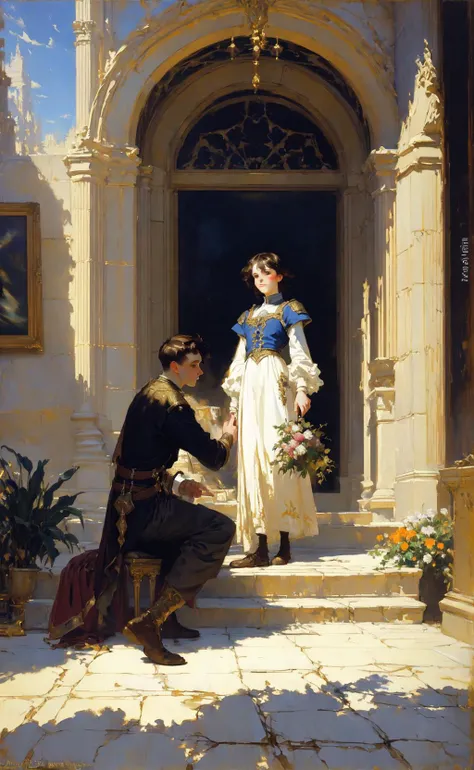 oil painting fantasy illustration, Dean Cornwell, John Singer Sargent, masterpiece, best quality, everyday life in the cloud kingdom