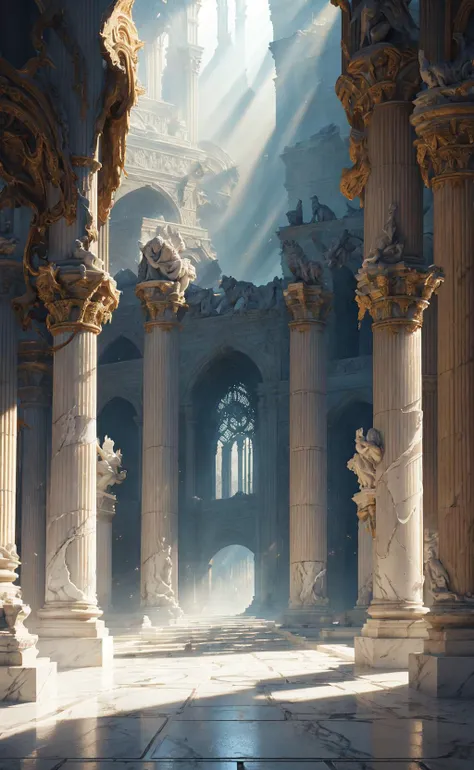 masterpiece, best quality, realistic, detailed background, the forgotten city made of white marble, grand, epic, fantasy, mystical, sunbeam, soft lighting