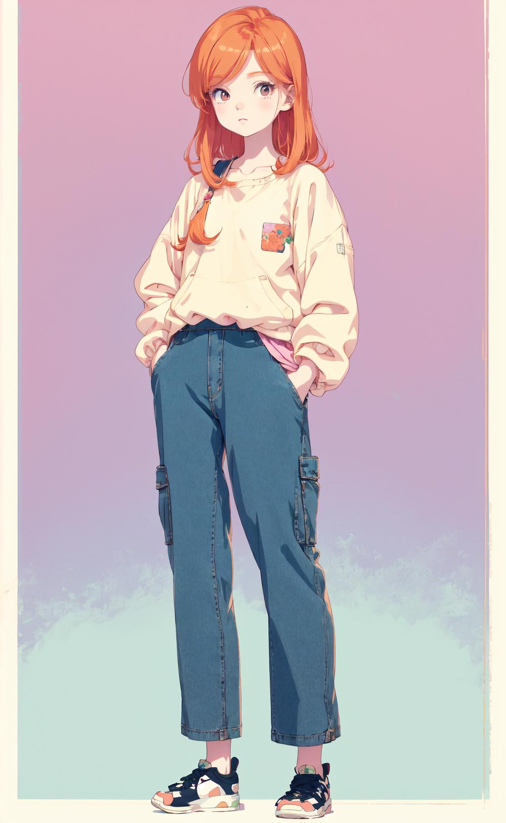 A drawing of a woman with red hair and a white shirt - SeaArt AI
