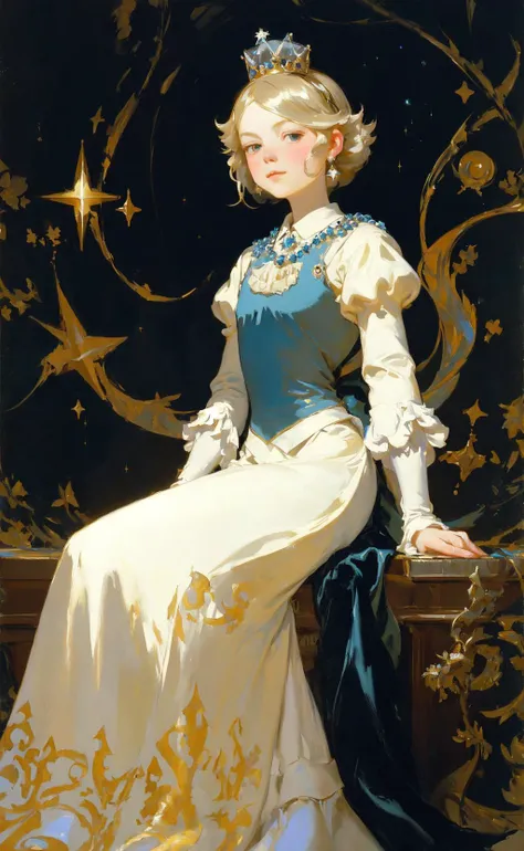 oil painting, John Singer Sargent, Dean Cornwell, 1girl, (Princess Rosalina:1.2), formal, fancy, sparkle, simple background
