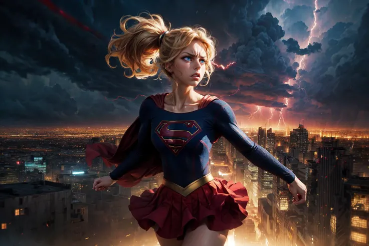 official art, unity 8k wallpaper, ultra detailed, beautiful and aesthetic, beautiful, masterpiece, best quality, (zentangle, mandala, tangle, entangle), 1girl, (supergirl), blonde ponytail, blue eyes, petite, red cape, red skirt, red boots, blue top, small breasts, exposed collarbone, exposed neck, exposed waist, flying above cityscape, angry, sweatdrop, looking away, <lora:CyberPunkAI:.3>, <lora:add_detail:1>, <lora:Supergirl:.7>, thunderstorm, epic scene, <lora:melissabenoist_smf_lora_02-000001:.6>