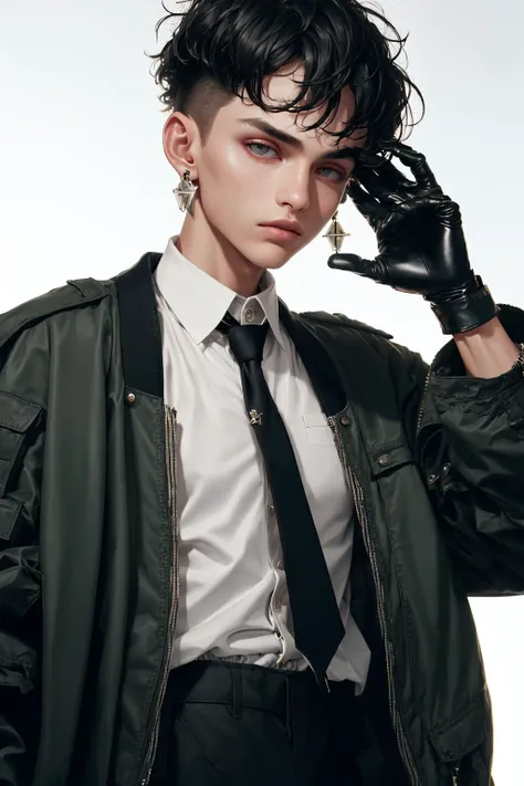 fashion editorial photography, close-up, boy with short hair, oversized bomber jacket, shirt, tie, oversized clothes, baggy pants, combat boots, earrings, gloves, (simple background:1.1), professional photography, soft lighting