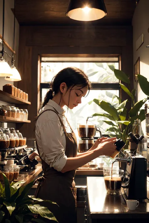 casual photography, barista making coffee, morning, warm soft lighting, calm, peaceful, tranquil, plants