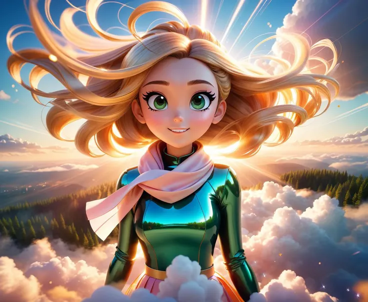 powerpuff girls style, illustration of a girl floating in the sky, scarf, floating hair, close-up, warm soft lighting, sunset, cloud, cloudy sky, (sparks:0.7), (light particles:1.1), volumetric lighting, smug, smirk
 (highres:1.2), (ultra-detailed:1.2), (extremely detailed CG unity 8k wallpaper:1.2), (watercolor:0.9), (sketch:0.6), soft lighting, beautiful detailed sunlight, reflections, god rays, (beautiful detailed forest background:1.4)