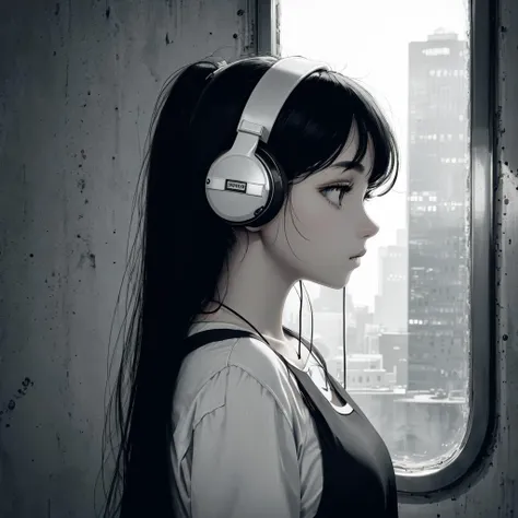(best quality, masterpiece), 1girl, grey eyes, grey dress, grey backgrounds, black hair, long hair, headphones, monochrome, saddly, looking away, night, subway
