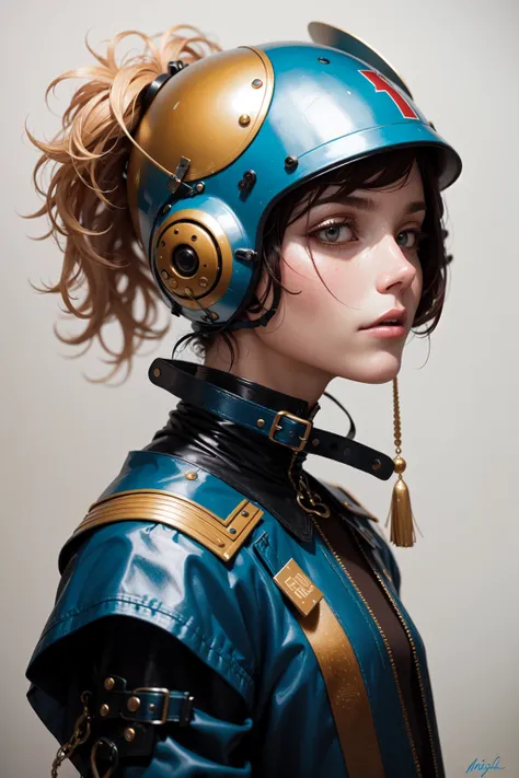 in the style of cyberpunk futurism, african influence, etam cru, light blue and gold, michael creese, steelpunk, michael hussar, white background