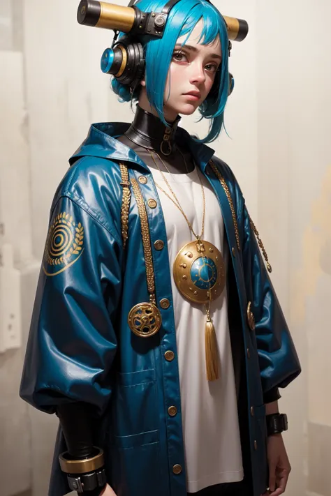 in the style of cyberpunk futurism, african influence, etam cru, light blue and gold, michael creese, steelpunk, michael hussar, white background