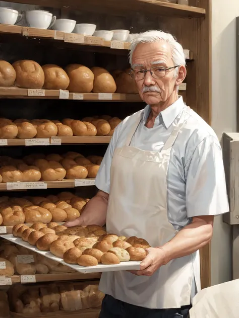 masterpiece, best quality, old man, a quiet day working at the bakery, relaxing, calm