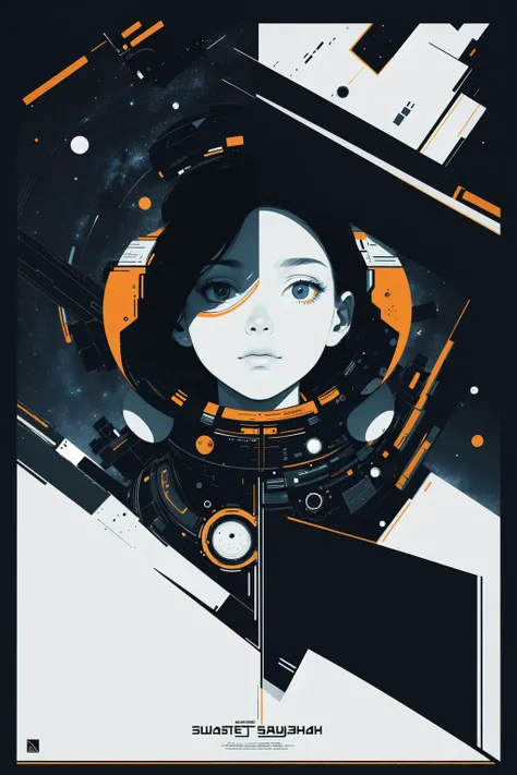 masterpiece, best quality, 1girl, space thriller movie poster, Bauhaus, shapes, lines, abstract