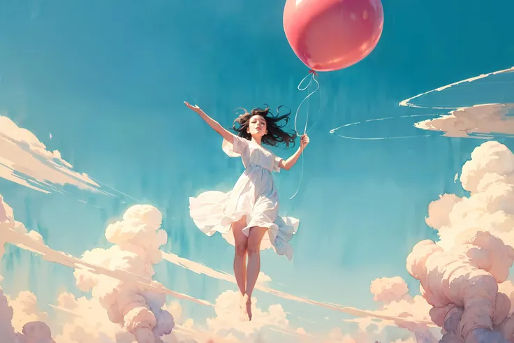 (watercolor \(high\), drawing, IrisCompiet:1.2), <lora:IrisCompietStyle:1>, solo, girl flying in the sky, holding a ballon, painting, extremely detailed, ethereal sky, highly surreal dream-like world, mesmerising, windy, embodiment of freedom, happy,