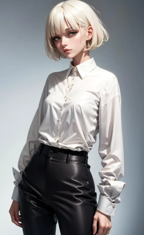 masterpiece, best quality, 1girl, short hair, platinum blonde hair, shirt, trousers