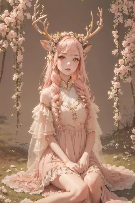 Deer-girl, Graceful antlers crowned with delicate blossoms, flowing earth-toned dress inspired by forest hues. sitting
(pale pink hair, intense brown eyes)