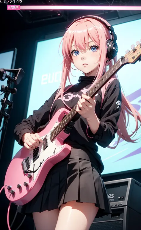 (anime screencap:1.3), girl playing an electric guitar, black skirt, blue eyes, headphones, holding, holding plectrum, instrument, long hair, music, one side up, pink hair, playing guitar, pleated skirt, black shirt, indoors