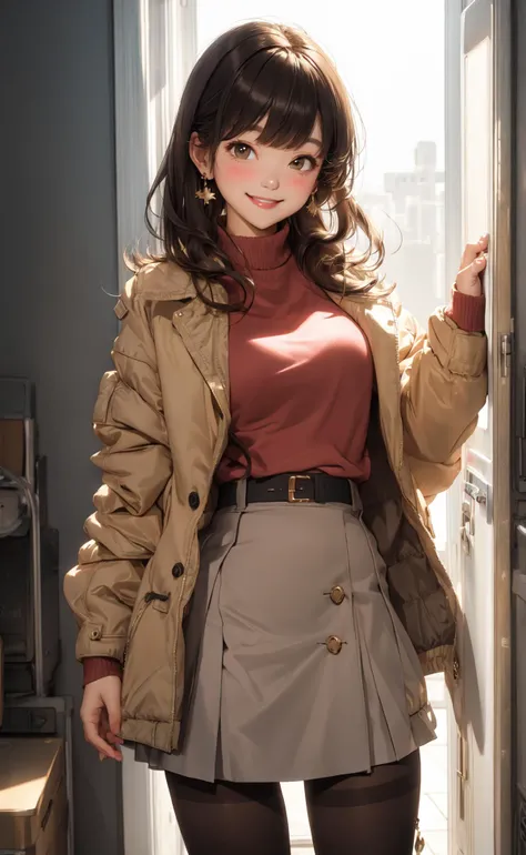 masterpiece, best quality, 1girl, bangs, shirt, skirt, jacket, pantyhose, earrings, blush, smile, relaxed, soft lighting