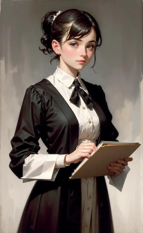 masterpiece, best quality, John Singer Sargent, 1girl, doctor, clipboard, short hair, ponytail, oil painting portrait, simple background