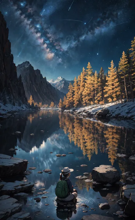 watercolor illustration, masterpiece, best quality, detailed background, ultra-detailed, illustration, 1girl, solo, outdoors, camping, night, mountains, nature, stars, moon, bonfire, tent, twin ponytails, green eyes, cheerful, happy, backpack, sleeping bag, camping stove, water bottle, mountain boots, gloves, sweater, hat, flashlight, forest, rocks, river, wood, smoke, shadows, contrast, clear sky, constellations, Milky Way, peaceful, serene, quiet, tranquil, remote, secluded, adventurous, exploration, escape, independence, survival, resourcefulness, challenge, perseverance, stamina, endurance, observation, intuition, adaptability, creativity, imagination, artistry, inspiration, beauty, awe, wonder, gratitude, appreciation, relaxation, enjoyment, rejuvenation, mindfulness, awareness, connection, harmony, balance, texture, detail, realism, depth, perspective, composition, color, light, shadow, reflection, refraction, tone, contrast, foreground, middle ground, background, naturalistic, figurative, representational, impressionistic, expressionistic, abstract, innovative, experimental, unique