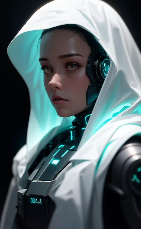(editorial close-up portrait of cyber ghost), hack, code, cyborg, sci-fi, sharp focus, dof, bokeh, extremely detailed, intricate, realistic, (film grain), cinematic, POV, shot on nikon d850, film stock photograph, 4 kodak portra 400, f1.6 lens, rich colors, hyper realistic, lifelike texture, dramatic lighting, cinestill 800